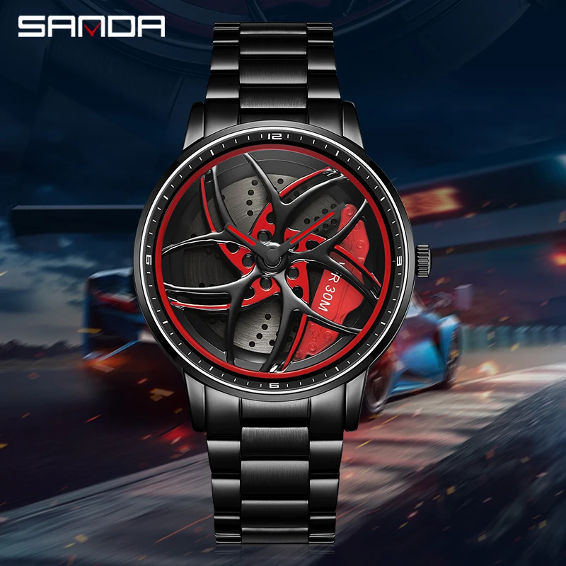 SANDA P1091 2023 Real 3D Model Spinning Car Wheel Hub Watch Luxury Move Waterproof Super Rim Watches For Men Orologio da uomo