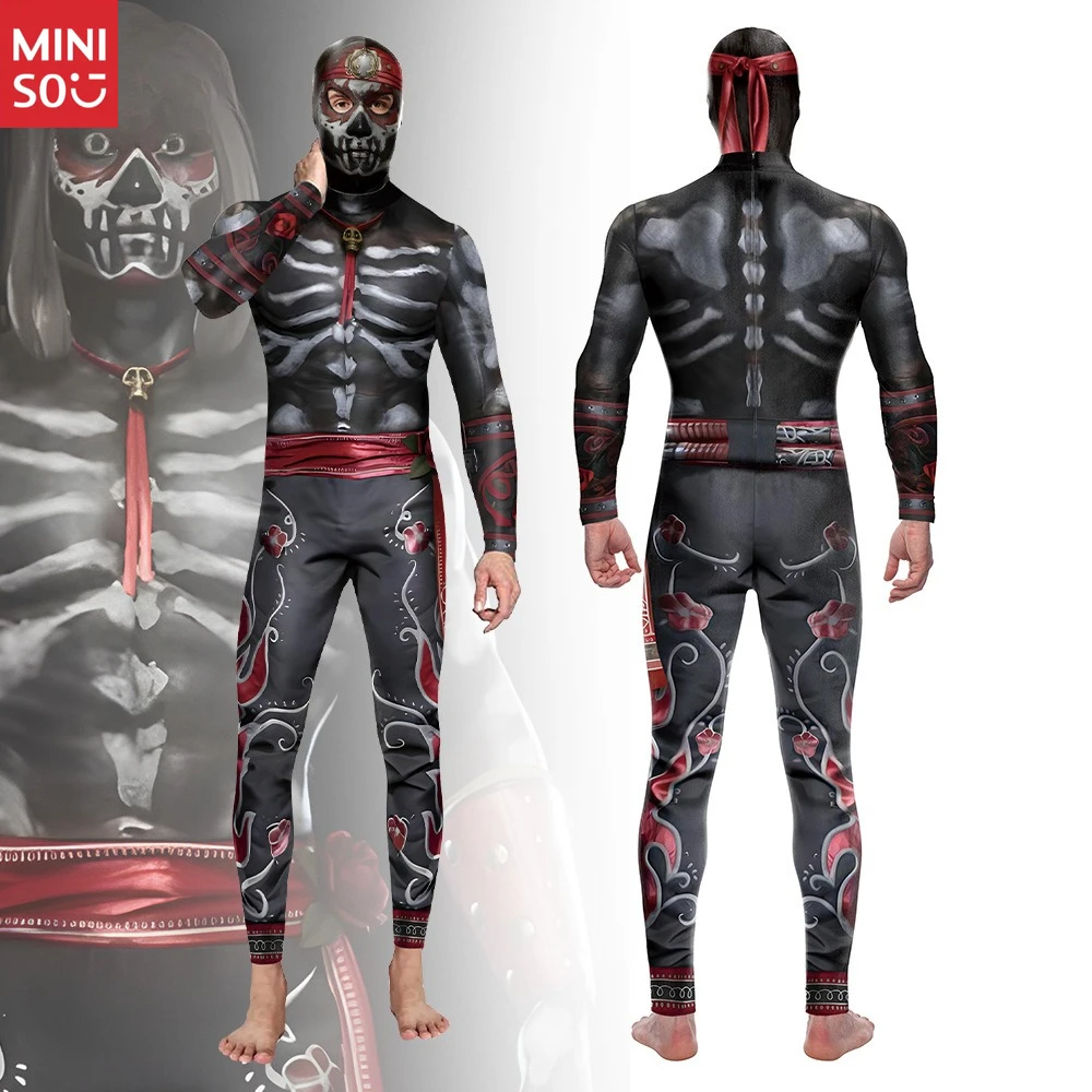

Miniso Halloween New Game Role Cos Playing Suit Skeleton Digital Printing Onesie + Headgear Tights