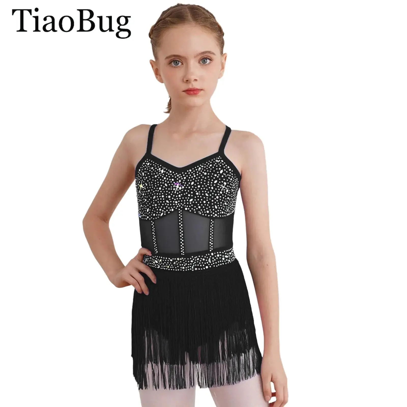 

Girls Rhinestone Tango Cha-cha Samba Salsa Costume Latin Dance Leotard Dress Sheer Mesh Tiered Tassel Fringed Bodysuit Jumpsuit