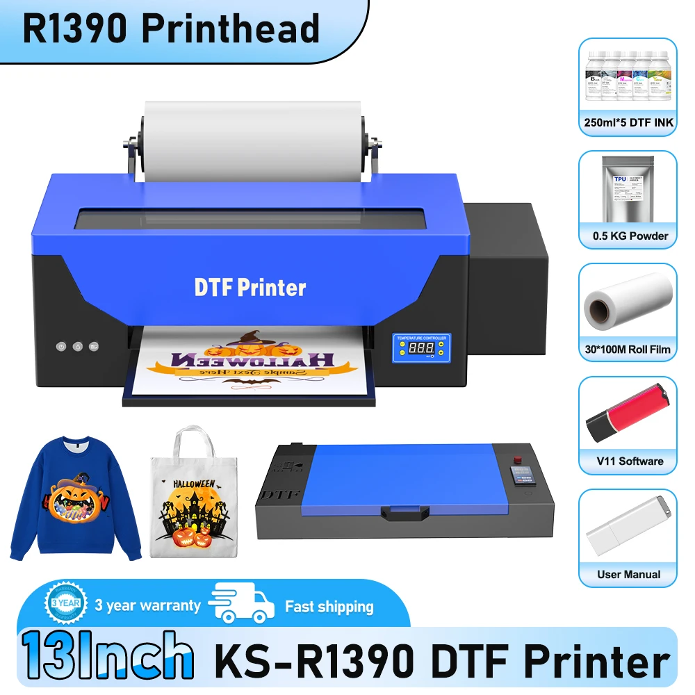 Принтер A3 DTF A3 KS-R1390 Принтер для передачи футболок DTF с печиком для отверждения Текстильный принтер для джинсов Сумка Шляпа Печатная машина DTF