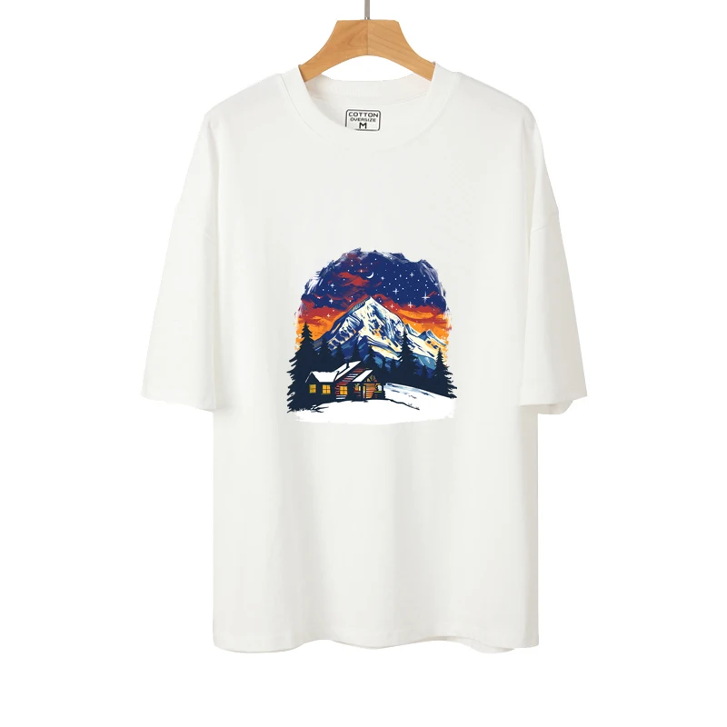 24cm Fashion Outdoor landscape heat transfer stickers beaches snow capped mountains and lakes DTF vinyl patch ironing on clothes