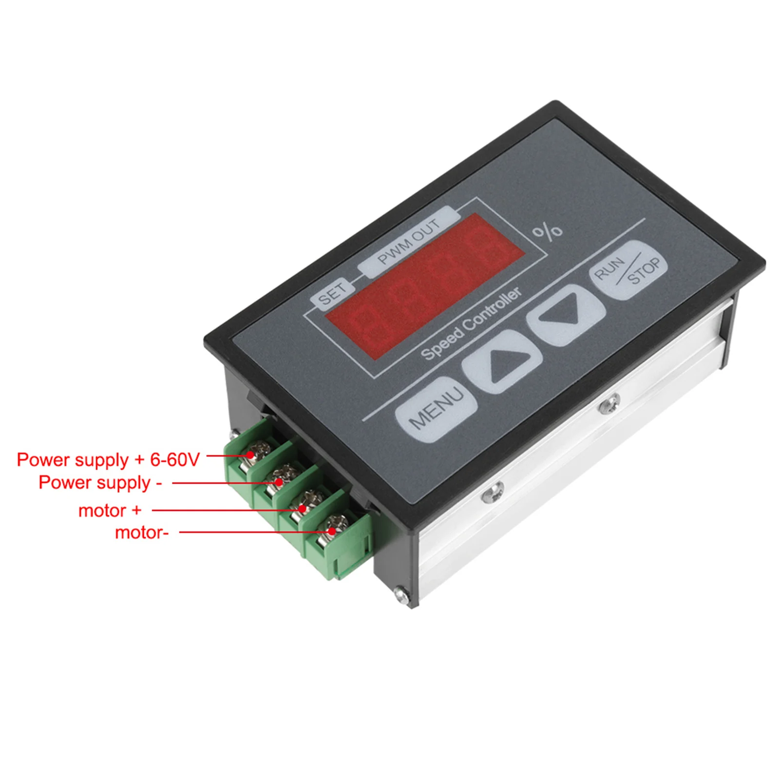 

PWM speed controller, 6-60V Digital Display Percentage Tachometer DC Motor Slow Start and Stop Speed Controller