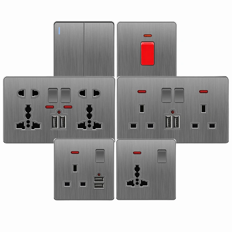 

UK 13A Brushed Grey Wall Light Switch Button. Electrical Single Socket with USB Charging. Dimming Speed Control Switch Panel