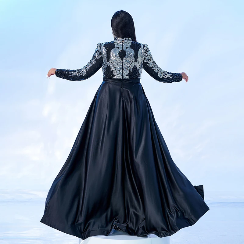 4XL Women Performance dress Long Sleeve O Neck Black Silver Sequins Ball Gown Cocktail Prom Formal Occasion Dresses