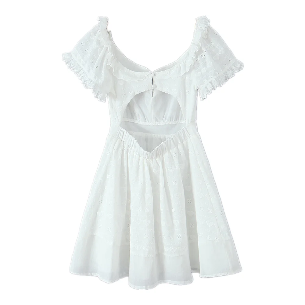 2025 ホワイト刺繍中空アウト穴木耳 O ネックパフスリーブショートドレス女性カットアウト背中の開いたミニドレス夏のローブ