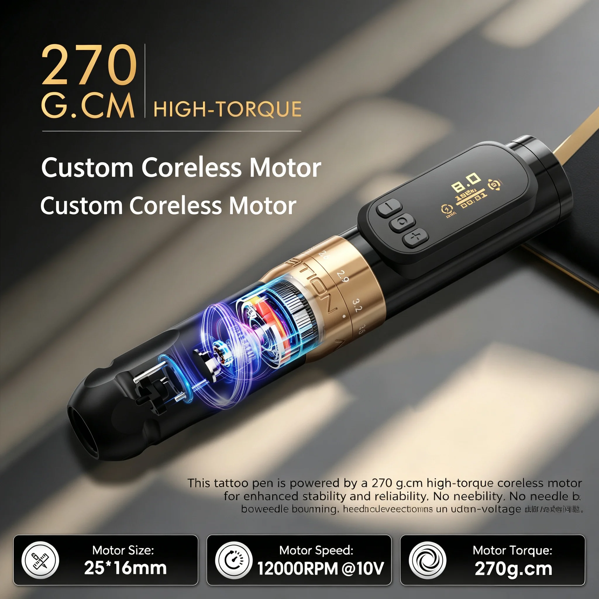 Wireless Tattoo Machine High Torque Coreless Motor Adjustable Stroke 2.0-3.5mm for Permanent Makeup Eyebrow Lip Tattoo