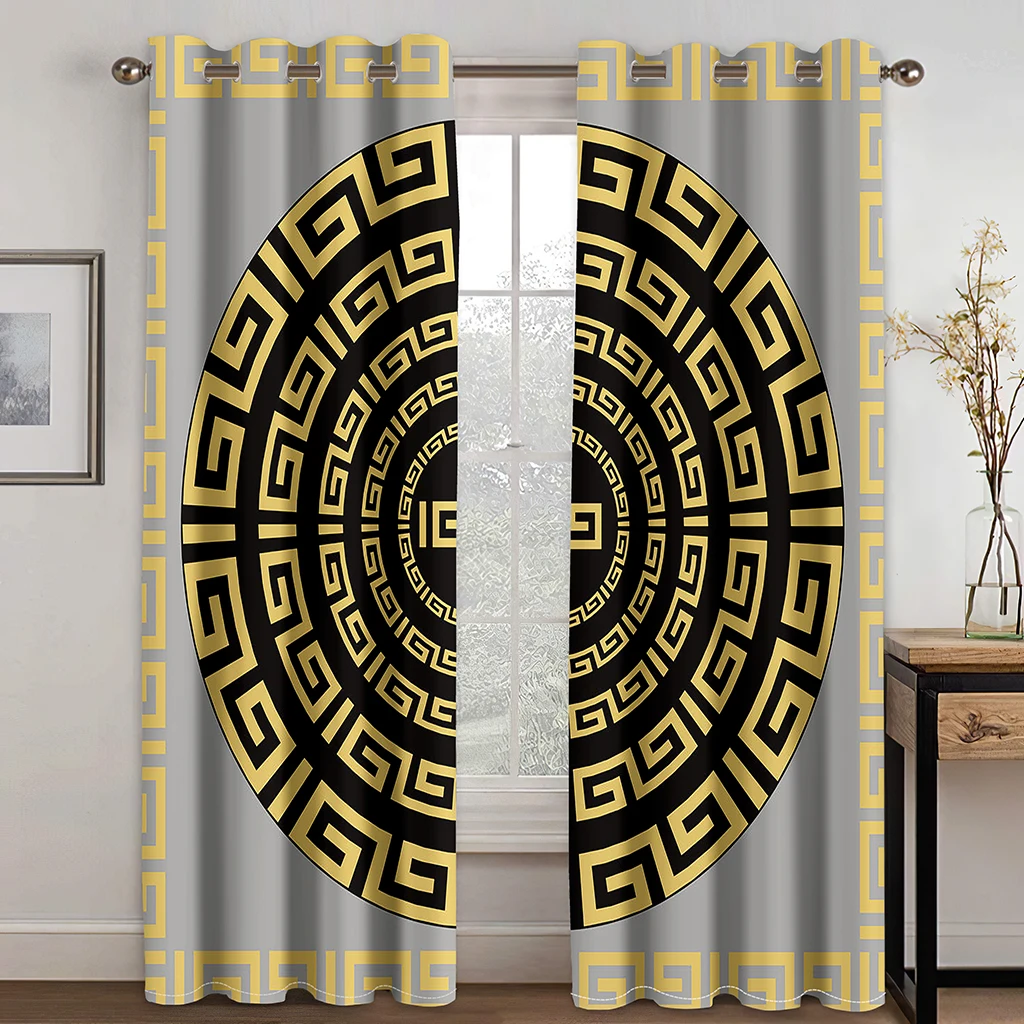 2 Pcs Classical Greek Pattern Curtains Gold Silver Print Living Room Bedroom Study Sun Shade Curtains Luxury Style