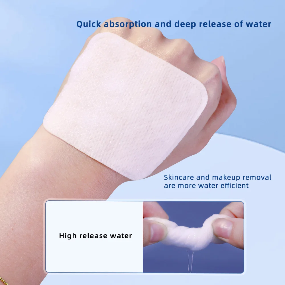 柔らかく通気性のある正方形のメイク落としパッド 100 枚、両面テクスチャードコットンパッド、スキンケアや洗顔に使用されます。