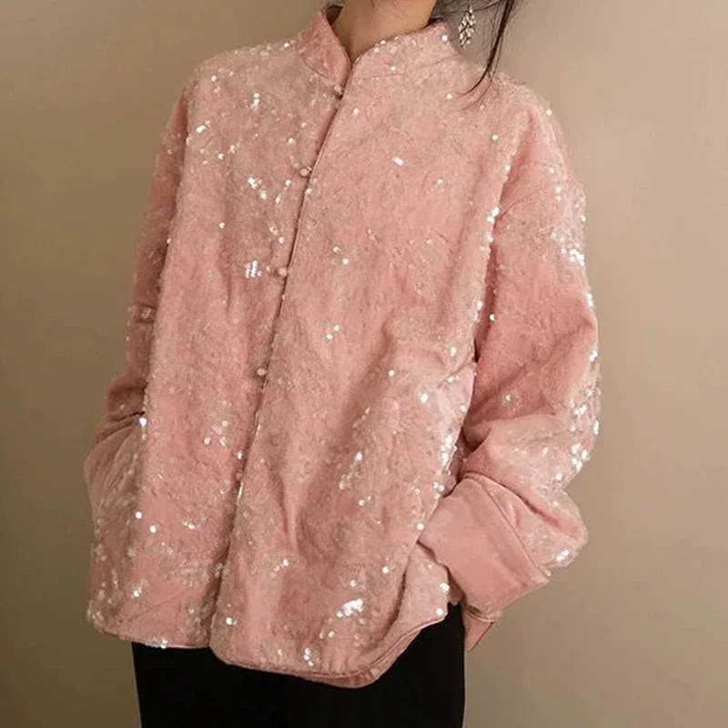 Pink new Chinese style light luxury fashion coat female 2024 autumn and winter new fashion temperament design sequined top.