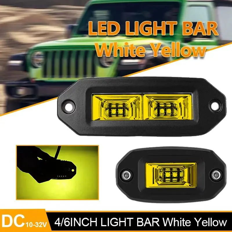 Yellow light bar 48W LED Recessed Mount Flood Light Driving Fog Work Light for 4X4 Off Road Jeep SUV UTV Boat 4 Inch/6 inch
