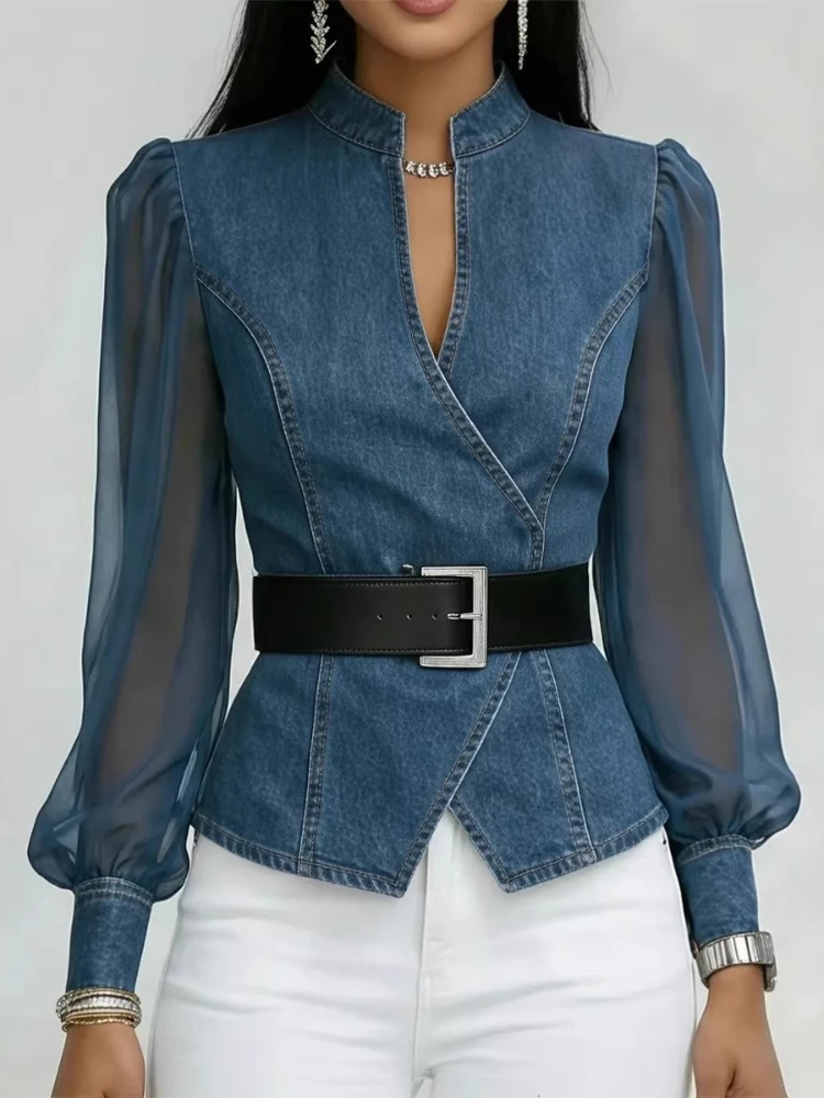 Fashion Commuter Faux Denim Shirt Top 2026 Spring Long Sleeve V-Neck Patchwork Net Fabric Sleeves Simple Irregular Blouse Office