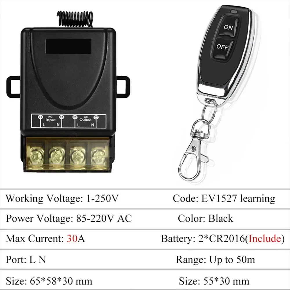 433MHz Wireless Switch 110V 120V 220V 230V 30A Ceiling Fan Water Heater Light Remote Controller Module with ON OFF Transmitter