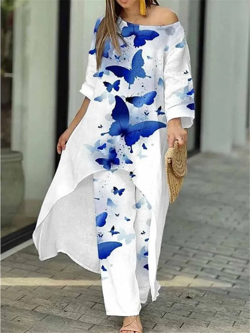 

Fashion Print Irregular Women 2-piece Suit Autumn Sexy Off-shoulder Long-sleeve Long Top + Trousers Straight Pants Two-piece Set