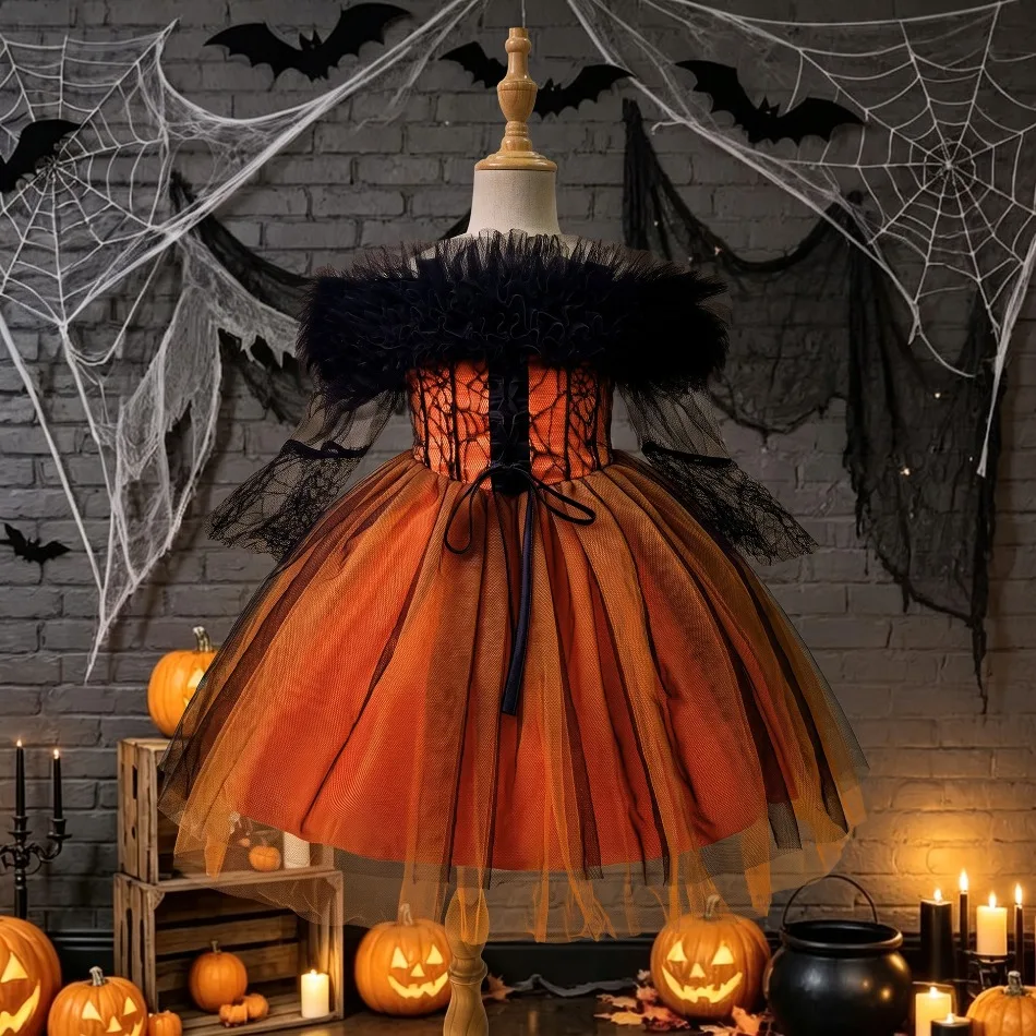 Mädchen Halloween Off-Shoulder Feder-Spitzenkleid Kinder Spinnennetz Tüll Tutu Kleid Schwarz Orange Cosplay Party Kostüm ASQ03 – Detail 5
