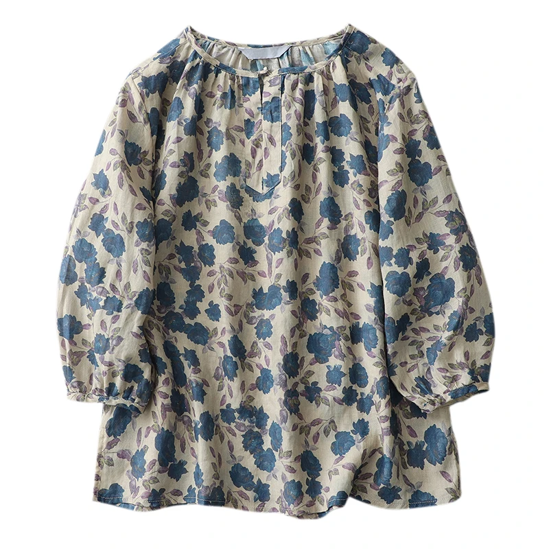 Loose Women's Shirt Cotton Linen Material Sweet Artistic Early Autumn New Style Lightweight Doll Print Casual Style Shirt