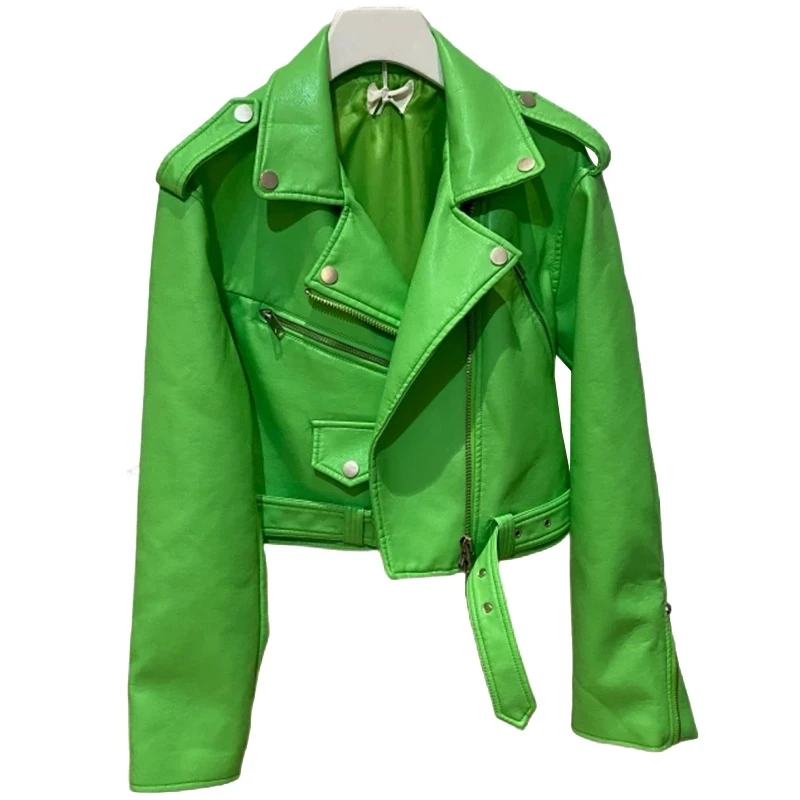 Spring Short Green Gecko Biker Leather Jacket Long Sleeve Zipper Belt Colored Stylish Outerwear for Women Fashion Crop Tops