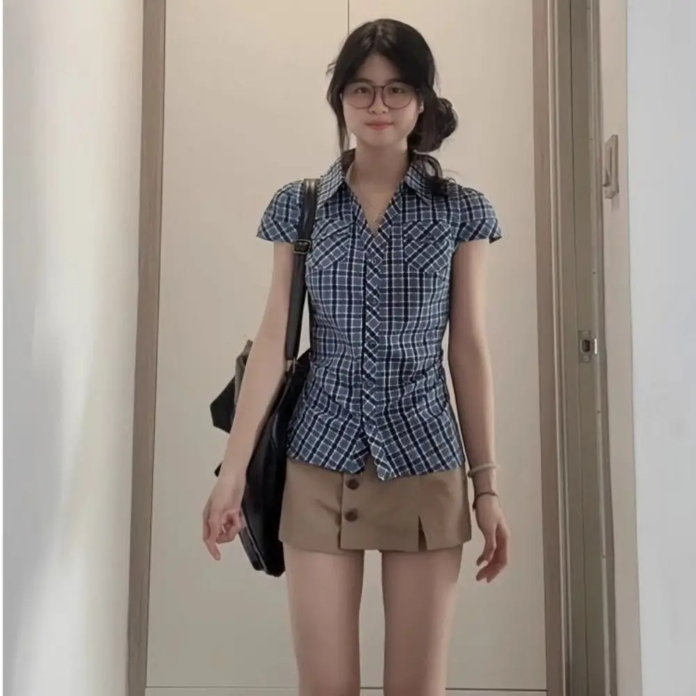 

Простая короткая синяя рубашка в сетку, уличная одежда в корейском стиле, женская синяя блузка в сетку с рюшами, розовые топы с длинными рукавами, женские топы