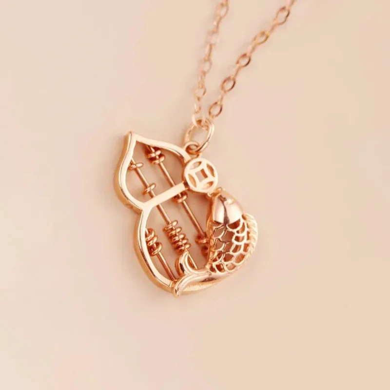 Classic 585 Purple Gold Necklace for Women Plated 14K Rose Gold New in Gourd Hollow out Chinese Elements Abacus Fashion Pendant