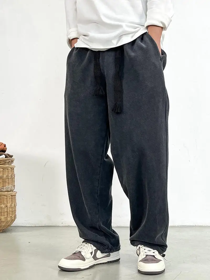 

Американские ретро тяжелые брюки из чистого хлопка с прямыми штанинами, мужские спортивные брюки большого размера Харлан, свободная эластичная талия, широкая кожа...