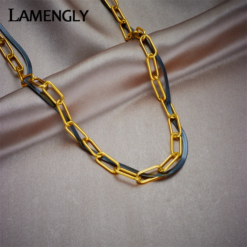 LAMENGLY 316L Stainless Steel 2in1 Chains Crossover Necklace For Women Girl New Retro Choker Non-fading Jewelry Gifts Collier