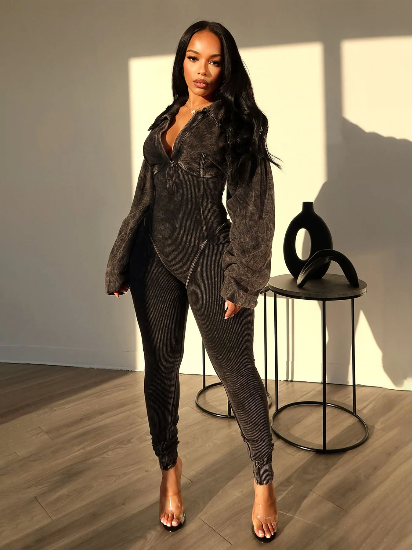 

Autumn Women's Sexy V-Neck Knitted Long Sleeved Jumpsuit Casual Versatile Women's Washed High Street Jumpsuit