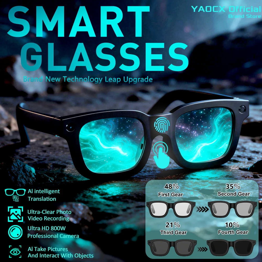 

Умные очки с ИИ, HD-камера 800 Мп, 32 Мп (интерполяция), перевод в реальном времени, голосовой помощник с ИИ, воспроизведение музыки, светодиодный фонарик