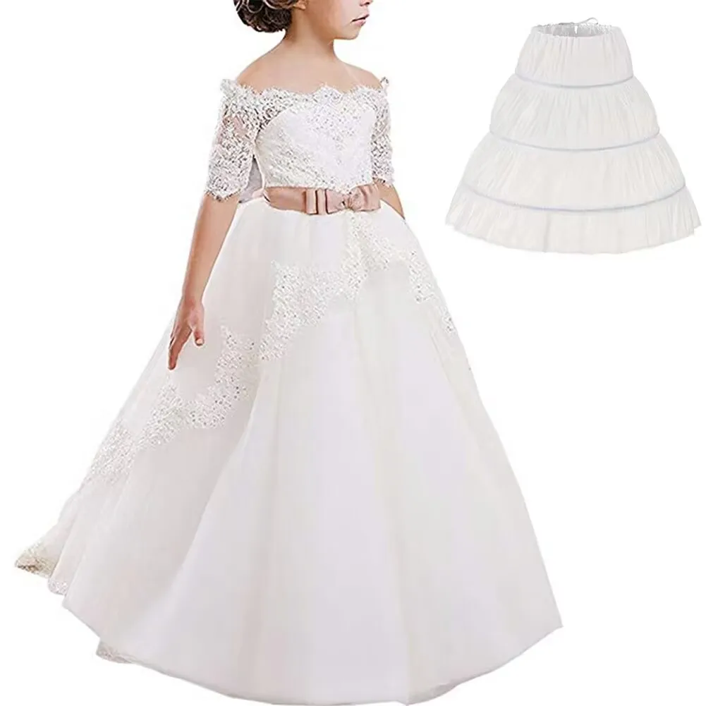 White Children kids Petticoat A-Line 3 Hoops One Layer Kids Crinoline Lace Trim Flower Girl Dress Underskirt Elastic Waist image 3