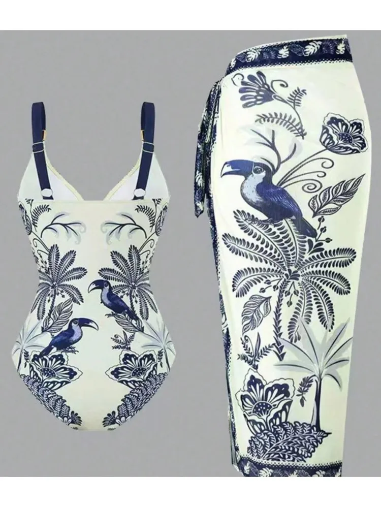 レトロなビキニプリントファッションツーピース水着とスカート付きカバーアップタイトな女性の包帯夏のビーチ高級エレガント