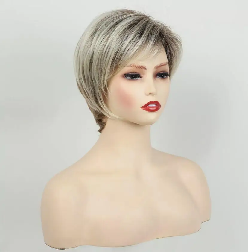 Short Layered Cut Dark Roots Blonde Mix Hair Blend Heat Ok Wigs Soft Halloween