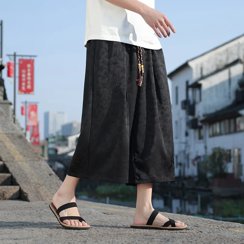 Streetwear Men Harem Pants Vintage Wide Leg Trousers Male Harajuku Style Hip Hop Men Calf-Length Pants Baggy Summer