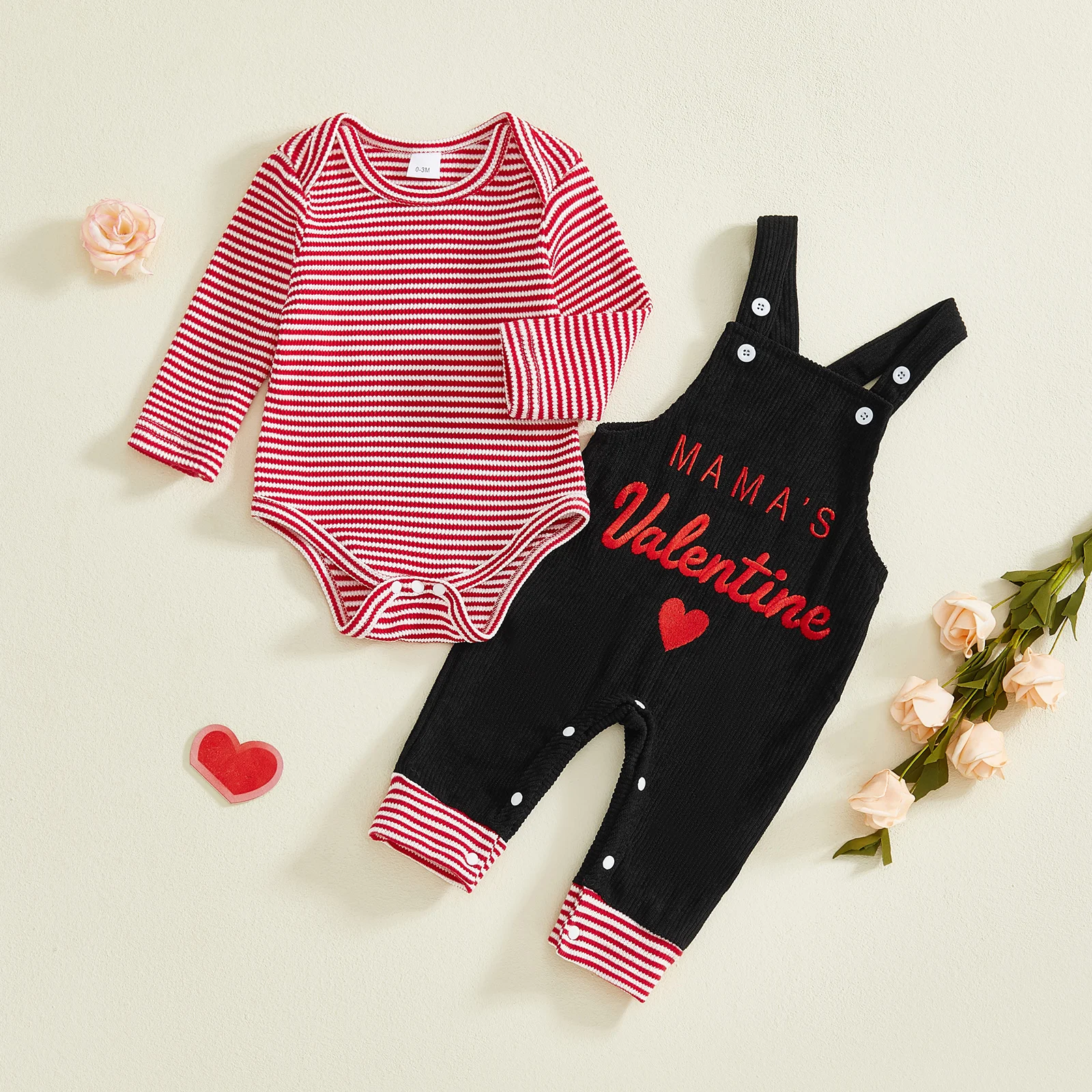 Baby Boy Valentines Outfit Striped Crew Neck Long Sleeve Romper and Love Heart Letter Overalls 2 Pcs Set