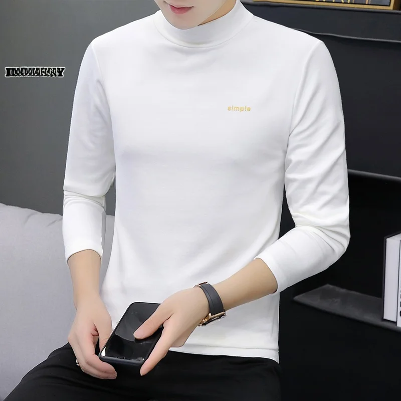 

Мужская приталенная футболка с длинным рукавом и воротником-стойкой, весенняя, белая, базовая, молодежная, трендовая, из хлопка и полиэстера, немнущаяся