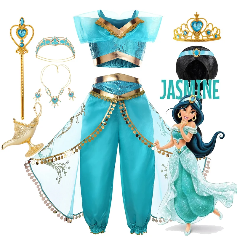 Baby Girls Cosplay Disney Jasmine Costume Aladdin Princess Dress Kids Magic Lamp Fancy Birthday Party Dresses Jasmine Clothes