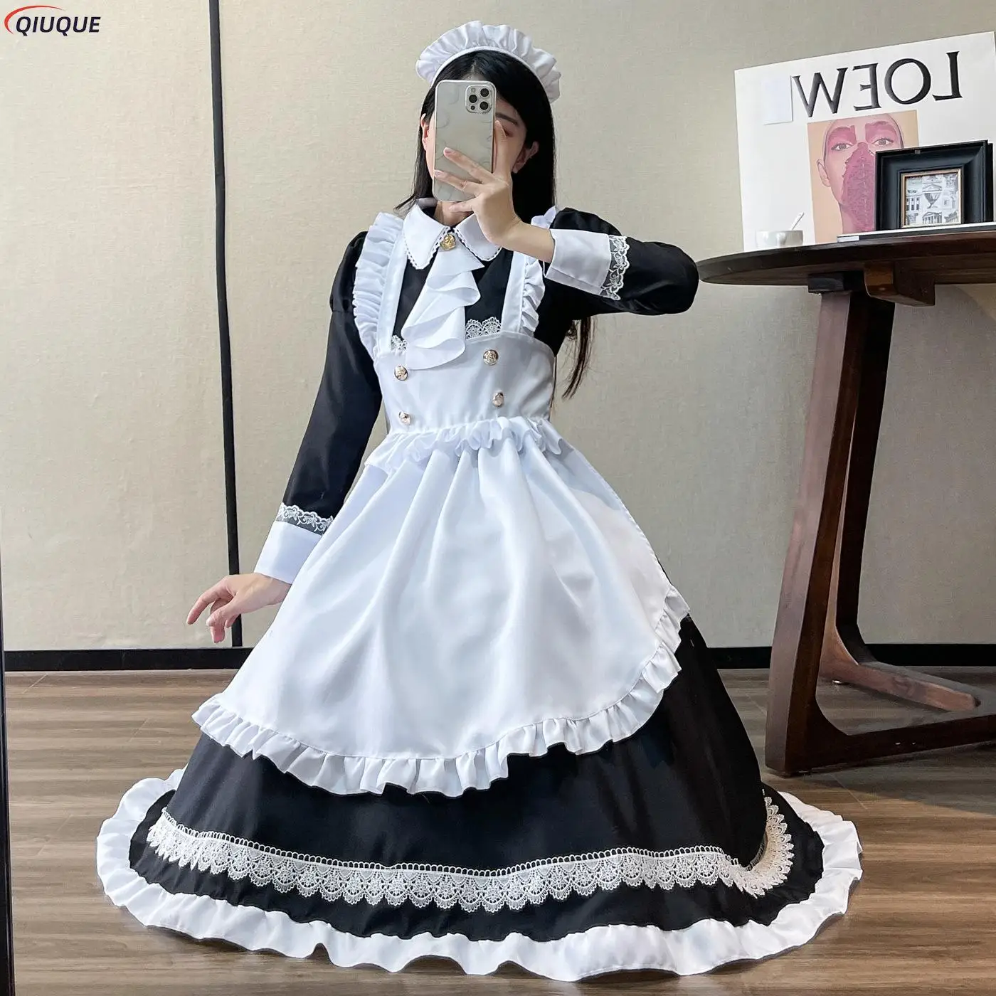 Vrouwen Maid Outfit Lolita Dress Leuke Kawaii Cafe Kostuum Zwart Wit Mannen Uniform Lange Schort Jurk Mucama Cosplay Kostuum