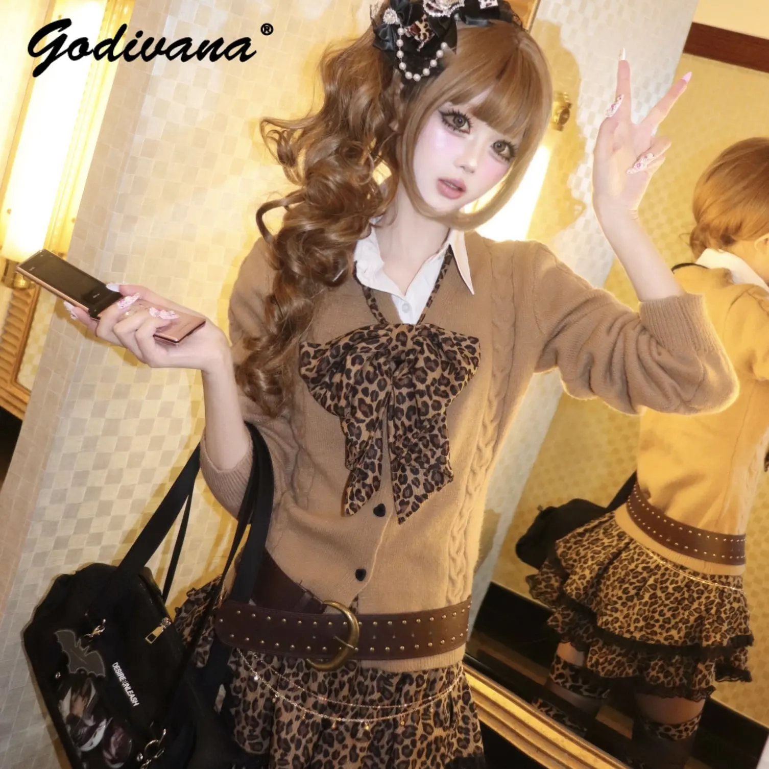 Harajuku Hot Girl Gal Style Bowknot Long Sleeve Shirt Knitted Cardigan Sweater Leopard Print Cake Skirt with Belt 4 Piece Sets
