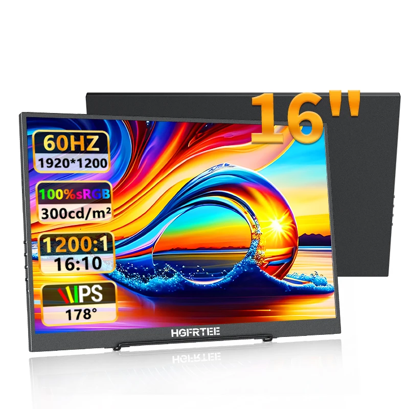HGFRTEE 16-Zoll tragbarer Monitor FHD IPS 100 % sRGB 300 cd/m2 PC-Spiel Erweitertes Display Laptop Zweiter Bildschirm mit VESA und Halterung 3