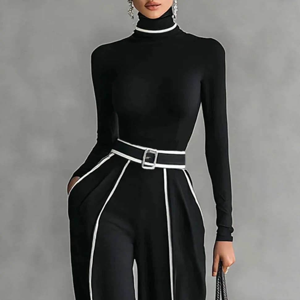 Turtleneck Long Sleeve 2 Piece Sets Retro Solid Slim Pullover Top +Wide Leg Pant Suits Fall Contrast Color Straight Outfit