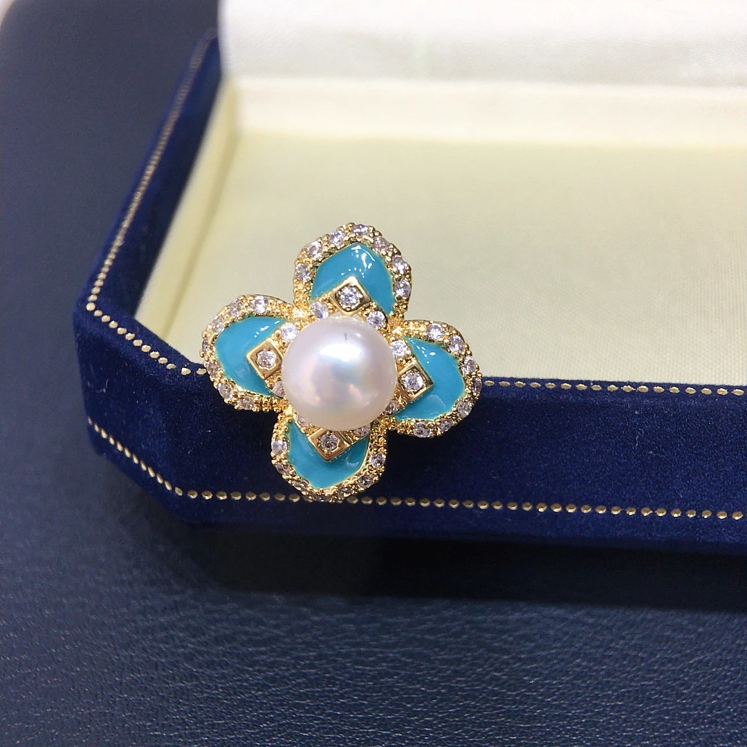 

ZHBORUINI Ретро Четырехлистный клевер Кольцо с пресноводным жемчугом 7,5-8 мм Регулируемый циркон Высокое ювелирное изделие Модный нишевый подарок для женщин