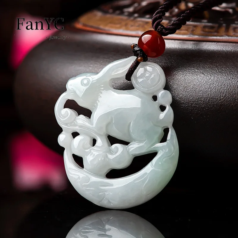 

Myanmar Jadeite Hollow Jade Rabbit Zodiac Pendant Hand-carved Exquisite Luxury Ice Jade Necklace Men and Women Holiday Gift