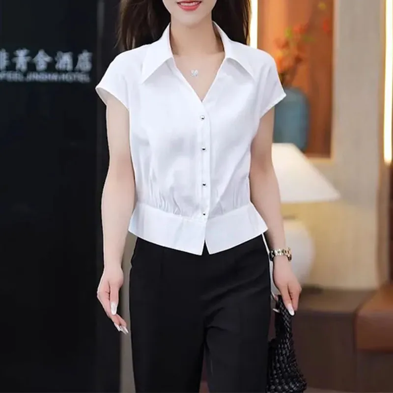 

Lapel Short Sleeved Shirt New Summer Waist-hugging Shirt Fashionable Short Top