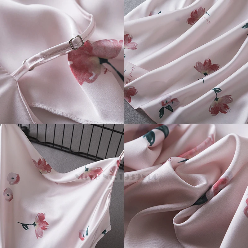 Camisón de satén con estampado de flores para mujer, ropa de dormir Sexy con cuello oscilante y Correa, Mini camisón para el hogar, Verano