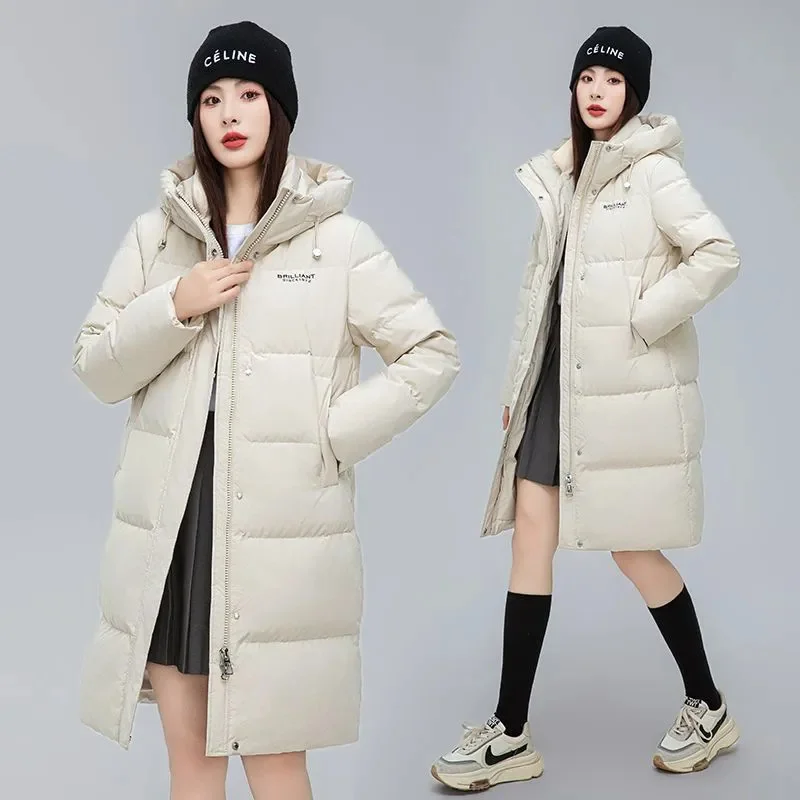 Kurtka bawełniana 2025 Nowa modna, popularna luźna i gruba wersja z kapturem, kurtka za kolano, wyszczuplająca kurtka bawełniana