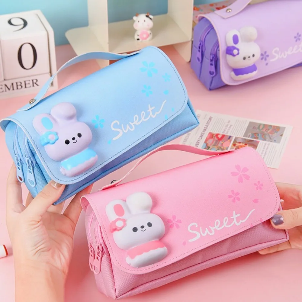 Large Capacity Decompression Pencil Case Double Layer Multifunctional Cute Rabbit Pen Bag Kawaii 3D Big Pencil Box Birthday Gift