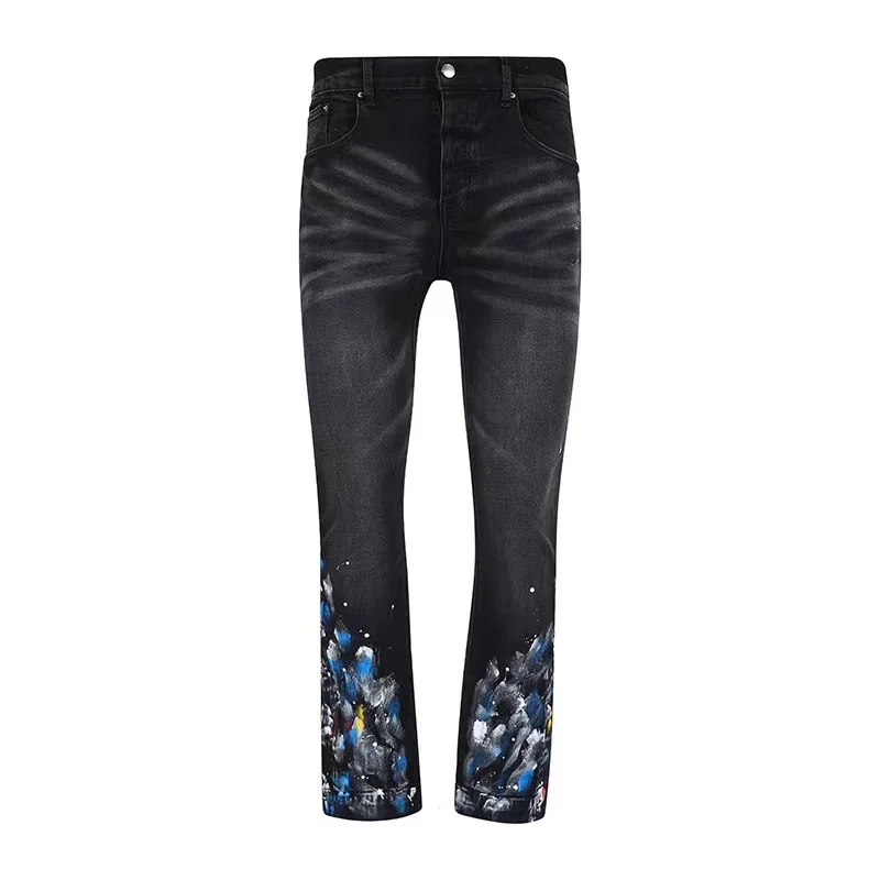 Pantalones vaqueros de cuero bordado con palabras artísticas para hombre, pantalones de lápiz ajustados informales con agujeros, de algodón,