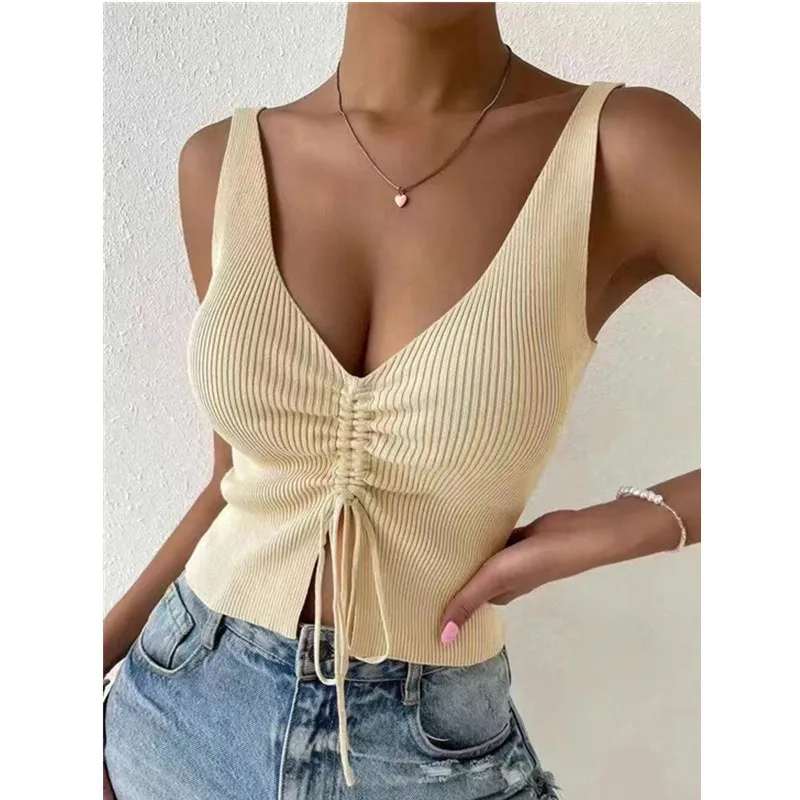 

Sexy Low-cut V Neck Knitted Tank Top Women Bare Midriff Drawstring Halter Crop Tops Off Shoulder Cropped Vest Camisole Female