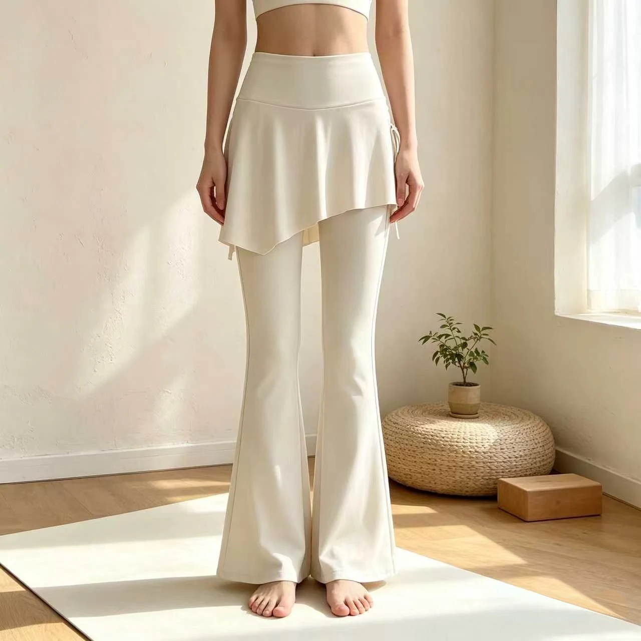 Fake Two-Piece Flared Yoga Pants for Women, High-Waisted with Drawstring, Tummy Control, Anti-Exposure, Thin Sports Leggings for Outdoor Wear