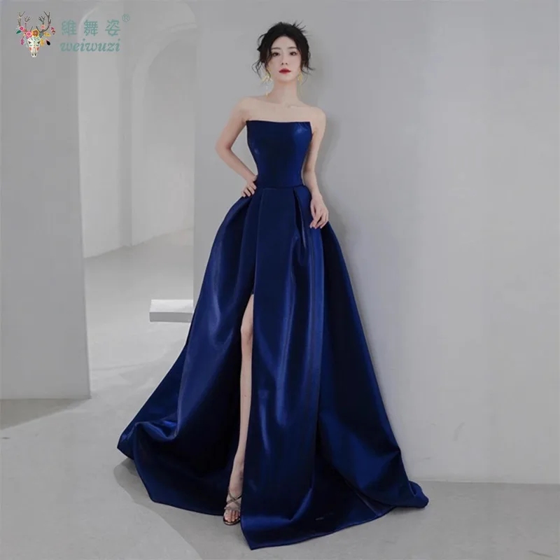 

New French Style Elegant Blue Strapless Satin Corset High Split Simple Pleat Floor-Length Lace Up A-Line Party Evening Dresses