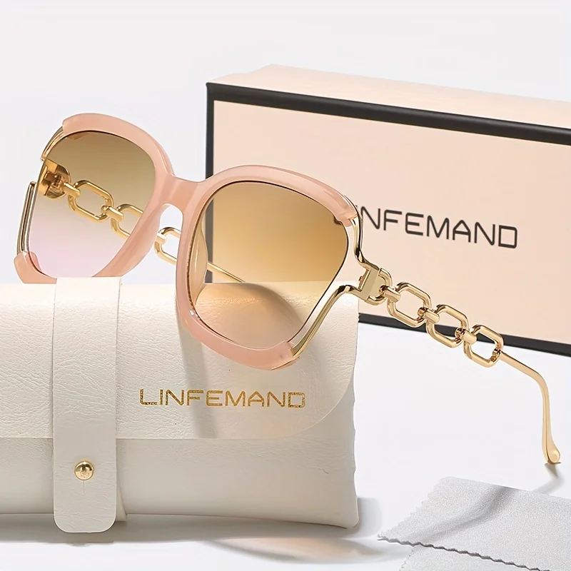 LINFEMAND Klassische Halbrahmen-Metallketten-Design, modische Sonnenbrille für Damen, großer Rahmen, dekorative Brille, Sommer-Festival-Geschenk