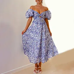 2024 Formal Dresses For Women Puff sleeves Crossover V-neck Floral Long Dress Casual Summer Dress Floral party dresses elbise