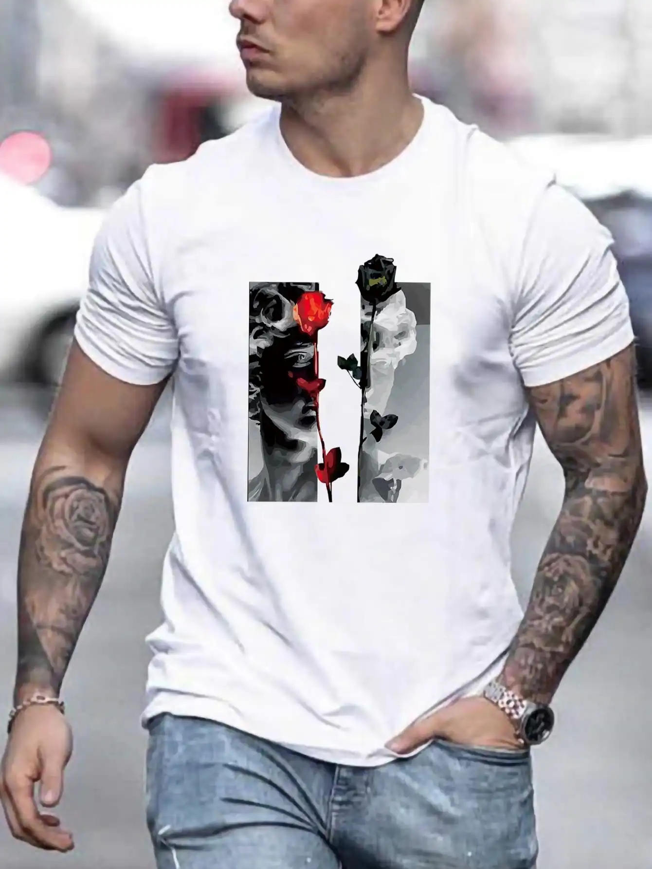 Summer hot selling new fashion casual round neck short sleeved men's sculpture printed T-shirt